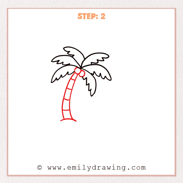 how to draw a cartoon beach - A cartoon beach palm tree with a curved trunk, simple banded texture, and a small cluster of coconuts beneath the fronds.